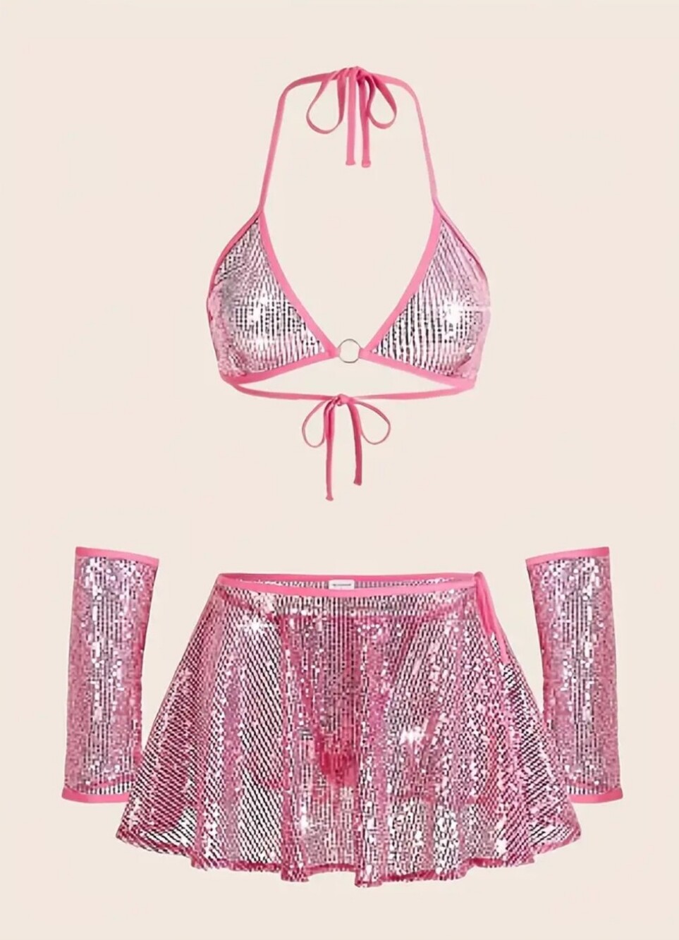 4pc Pink & Silvery Sequin Bikini Set W/Skirt & Arm Covers (M) Semi Sheer Sparkle